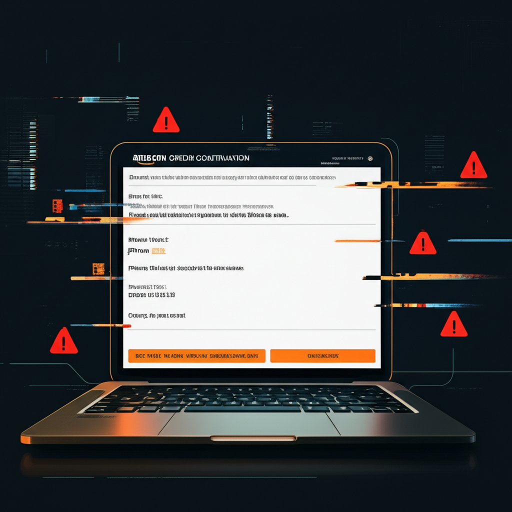 Illustration d'une fausse commande Amazon avec alertes de phishing
